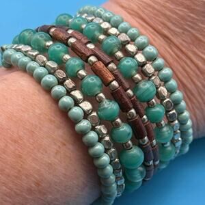 Vintage Coil Bracelet • Turquoise, Silver & Wood Beads • Flexible Wrap • Boho